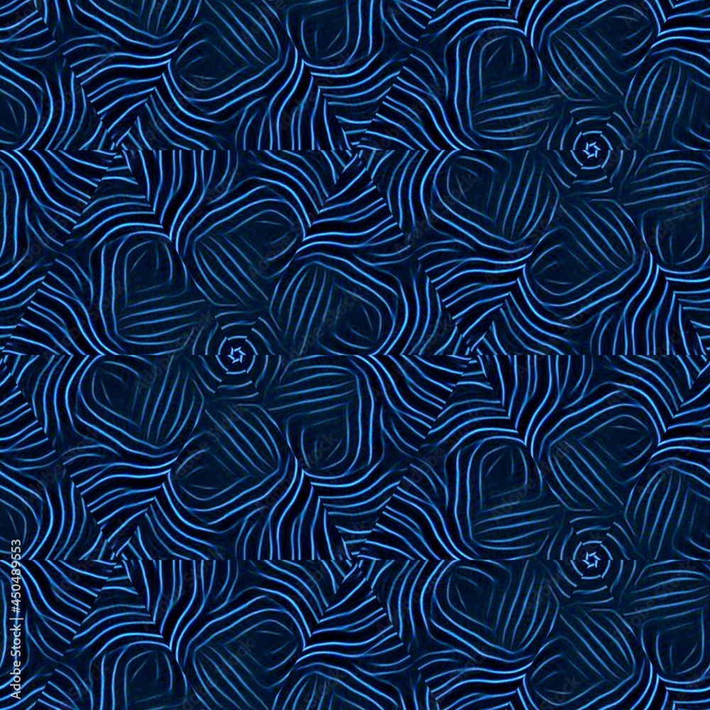 shades of blue curved contour lines on a black background making unique patterns and designs