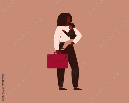 African American Business woman holding her baby on one hand and briefcase in the other hand. Working black mom has one child. Concept of opportunity on the work during motherhood. Vector illustration