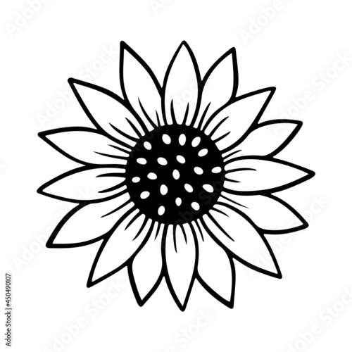Sunflower simple icon. Flower silhouette vector illustration. Sunflower graphic logo, hand drawn icon for packaging, decor. Petals frame, black silhouette isolated on white background.