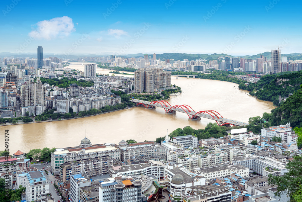 Liujiang River and urban landscape, Liuzhou, Guangxi, China.