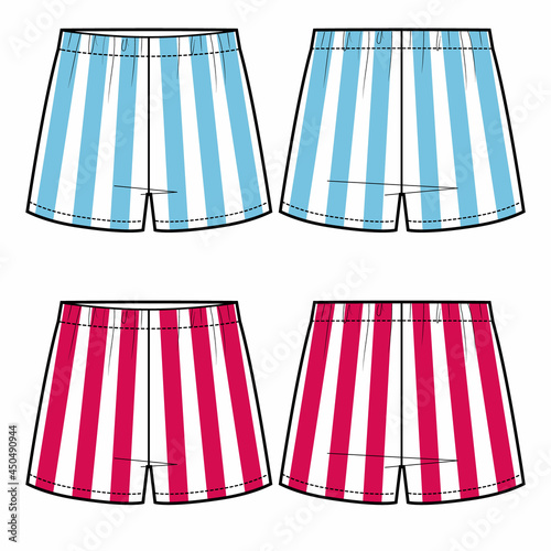 Technical sketch of two boxer shorts in striped fabric.