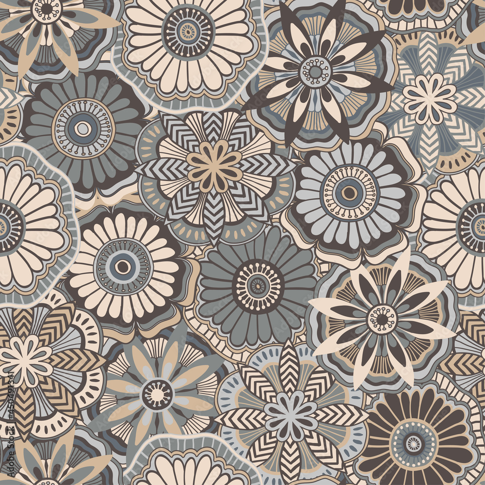 Decorative flowers seamless pattern in beige-gray-blue colors