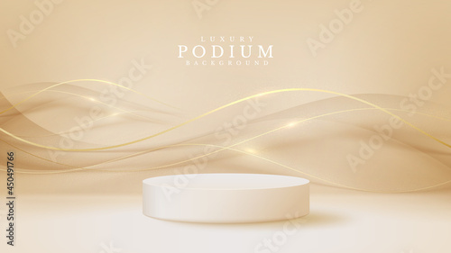 White podium display product and sparkle golden curve line element, Realistic 3d luxury style background, vector illustration for promoting sales and marketing.