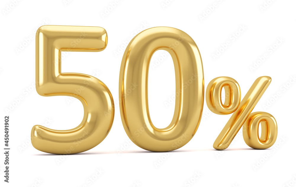 Gold percent isolated on white background. 50% off on sale. 3d rendering. Gold percent isolated on white background. 50% off on sale. 3d rendering.