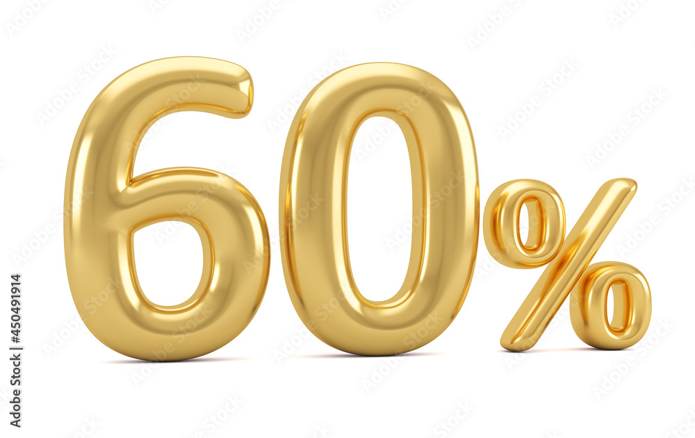 Gold percent isolated on white background. 60% off on sale. 3d rendering. Gold percent isolated on white background. 60% off on sale. 3d rendering.