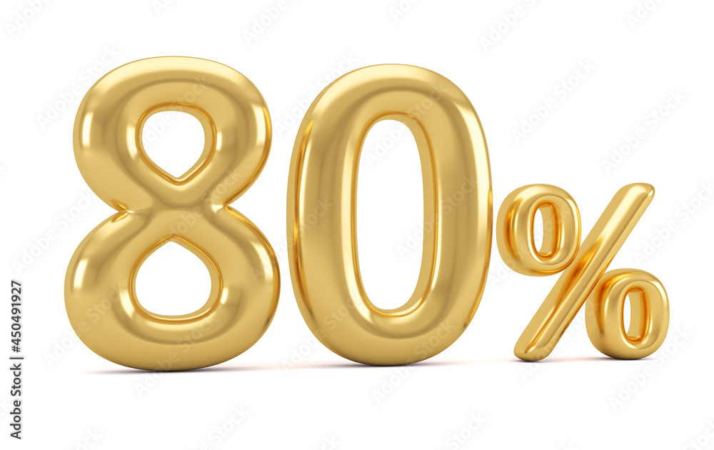 Gold percent isolated on white background. 80% off on sale. 3d rendering. Gold percent isolated on white background. 80% off on sale. 3d rendering.