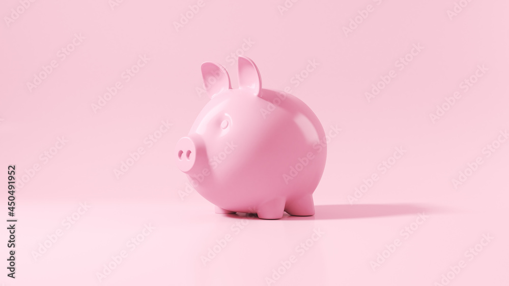 Pig piggy bank on a pink background. 3d render illustration.