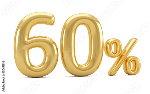 Gold percent isolated on white background. 60% off on sale. 3d rendering.