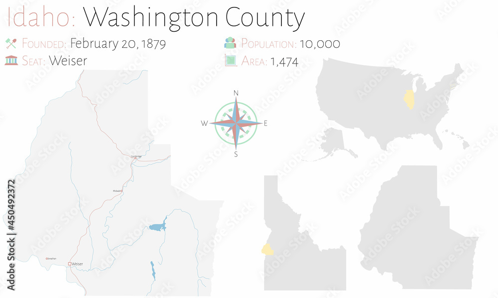 Large and detailed map of Washington county in Idaho, USA.