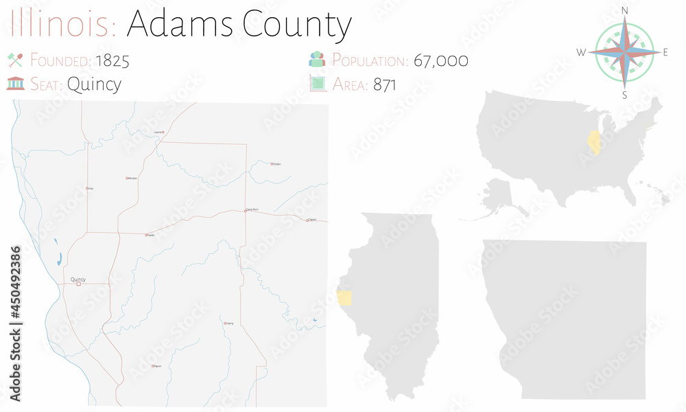 Large and detailed map of Adams county in Illinois, USA.