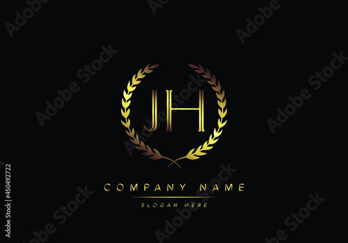 Alphabet letters JH monogram logo, gold color, luxury style photo