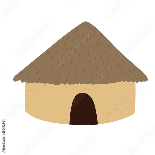 African house with a thatched roof isolated on white background. Bright brown clay walls.