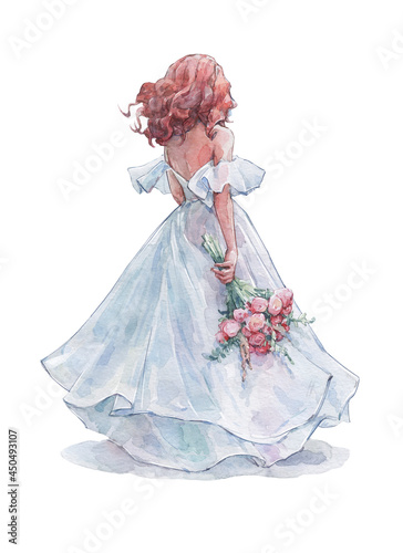 bride wearing a long wedding dress walking with roses