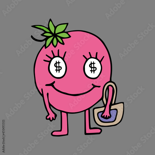 Funny girl character with different emotions. The girls are holding different cosmetics in their hands. A cheerful girl wants to get rich and dreams of money. Vector. Isolated over white background