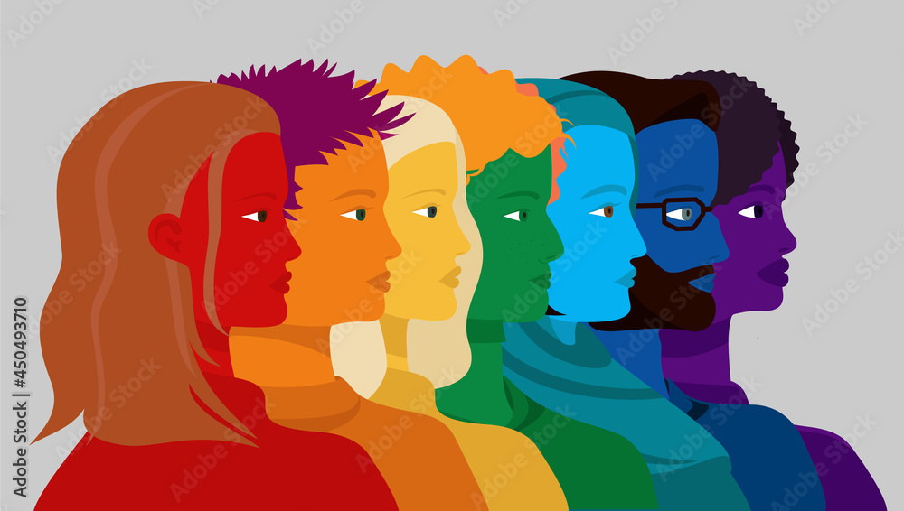 Row of profiles of different people colored in rainbow colors. LGBTQ concept. Row of profiles of different people colored in rainbow colors. LGBTQ concept.