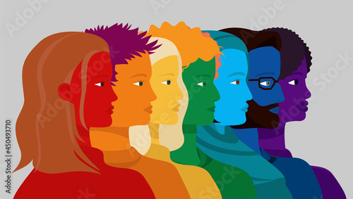 Row of profiles of different people colored in rainbow colors. LGBTQ concept.