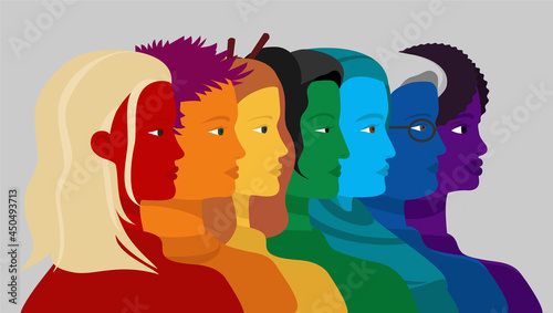 Row of different women profiles colored in rainbow colors. LGBTQ concept.