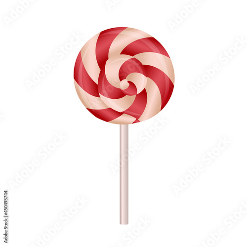 colorful red and white lollipop. Unhealthy eating. Hard candy. Candy shop logo. Caramel vector illustration