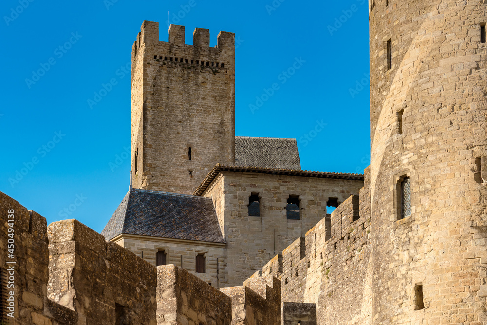 Low angle view of La Cité Médiévale de Carcassonne in France. UNESCO World Heritage Site. 