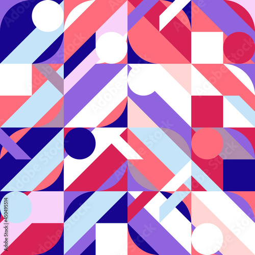 Abstract geometric vector seamless pattern. Contemporary design with simple shapes . Colorful background with mosaic in retro or scandinavian style.