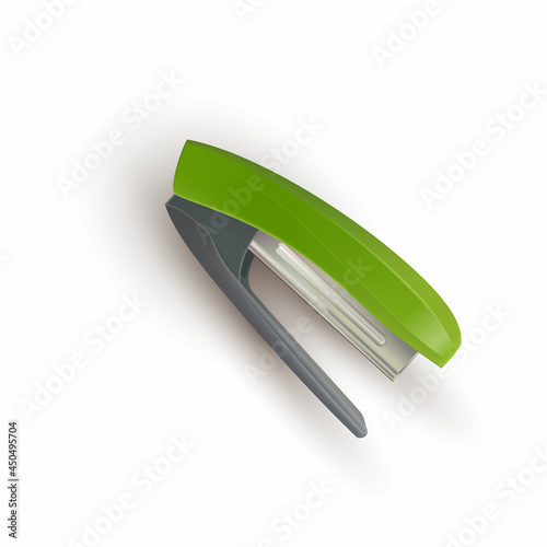 Vector isolated illustration of a green stapler in a realistic style lying on the surface. An element of office or school supplies. Stationery in the flat lay style. Clipart