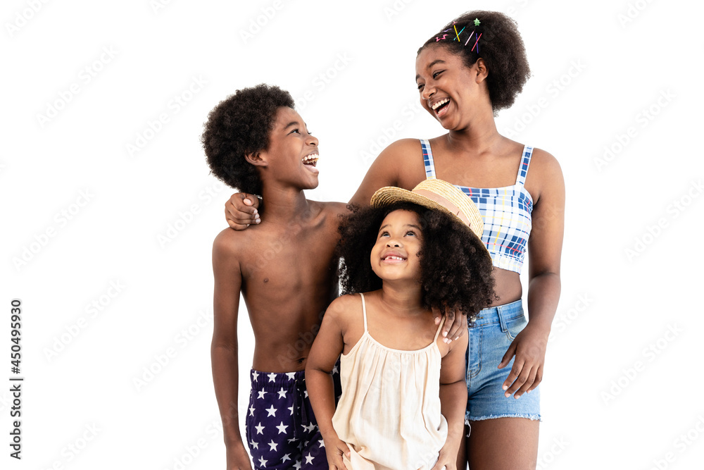 Fototapeta premium A portrait of an African American family embracing each other happily. A group of cheerful and cute girls and boys. isolated on white background