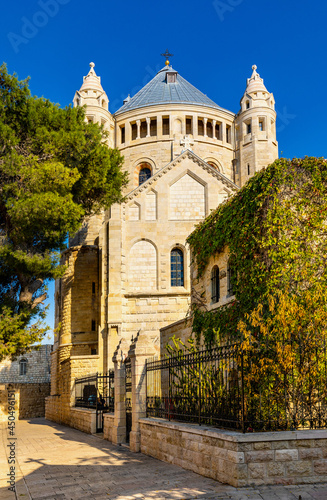 Benedictine Dormition Abbey on Mount Zion, near Zion Gate outside walls of Jerusalem Old City in Israel