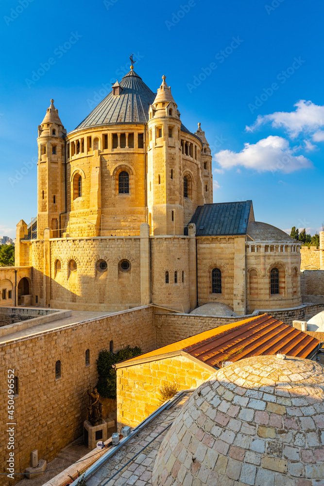 Obraz premium Benedictine Dormition Abbey on Mount Zion, near Zion Gate outside walls of Jerusalem Old City in Israel