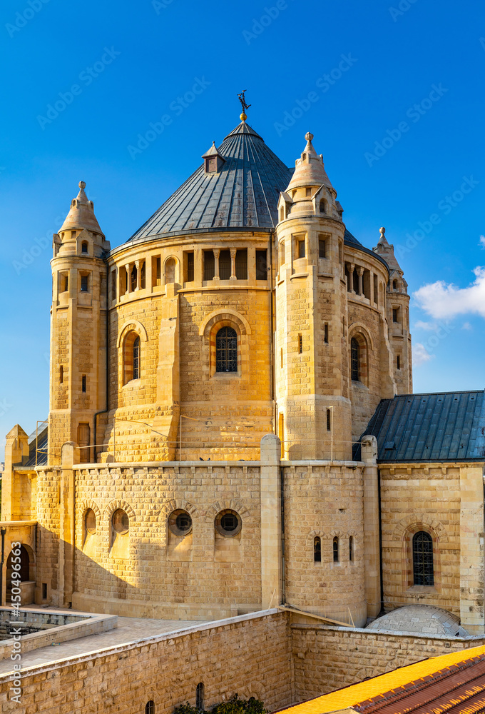 Benedictine Dormition Abbey on Mount Zion, near Zion Gate  outside walls of Jerusalem Old City in Israel