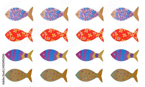 colourful painted fish models isolated.