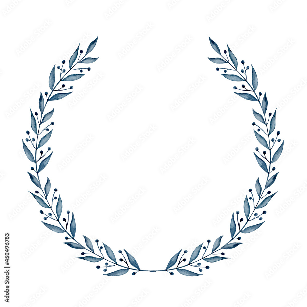 Blue watercolor branch hand drawn wedding wreath. Isolated clipart element on white background Blue watercolor branch hand drawn wedding wreath. Isolated clipart element on white background