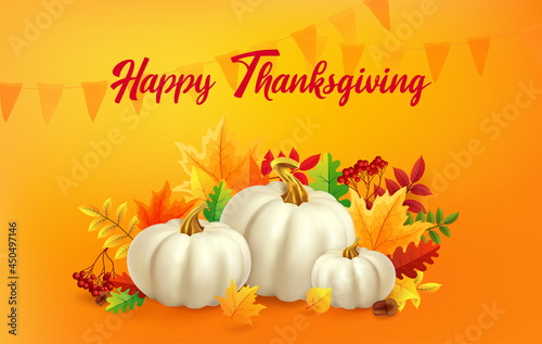 Happy Thanksgiving celebration card with white pumpkins and autumn leaves. Autumn festival invitation. Fall party template. Postcard or banner. 3d realistic vector illustration.