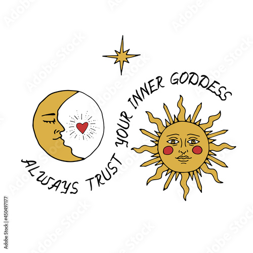 Vintage Mystic Sun and Moon Illustration with Lettering Always Trust Your Inner Goddess