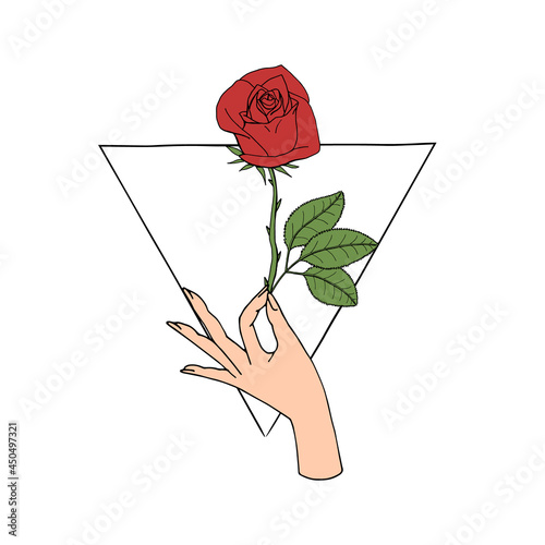 Vintage Mystic Hand holding rose flower drawing on triangle shape background.