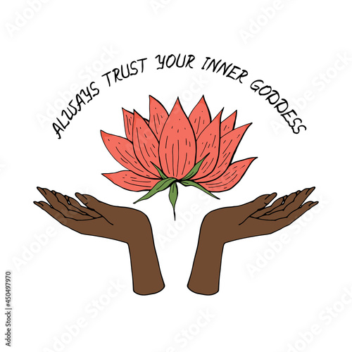 Vintage Gold and Black Mystic Hands holding lotus flower with lettering Always Trust Your Inner Goddess illustration