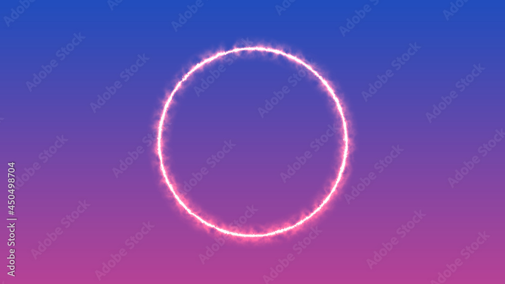 Empty frame with electric power round border glowing, pink neon lightning sign on trendy background. Blank circle neon light around frame lights. Abstract soft gradient mix pink, purple, blue color Empty frame with electric power round border glowing, pink neon lightning sign on trendy background. Blank circle neon light around frame lights. Abstract soft gradient mix pink, purple, blue color