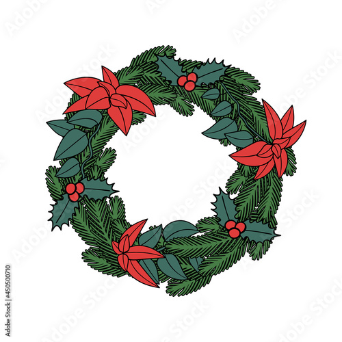 Colorful Line Art Christmas Wreath clipart, decorated spruce green branches. Isolated on white background