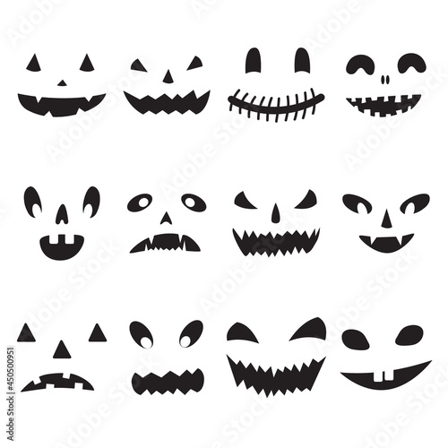 Vector set of Halloween spooky pumpkin faces with black eyes and smile, scary jack o lantern. Isolated on white background.