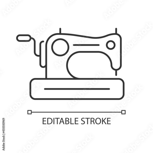 Antique sewing machine linear icon. Collectible equipment with hand crank and treadle. Thin line customizable illustration. Contour symbol. Vector isolated outline drawing. Editable stroke