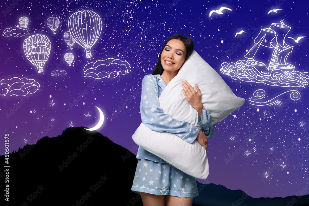 Beautiful Asian woman with pillow dreaming about voyage, night starry ...