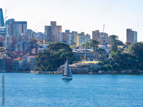 view of yacht Sydney Harbour NSW Australia on a nice sunny and partly cloudy Morning NSW Australia