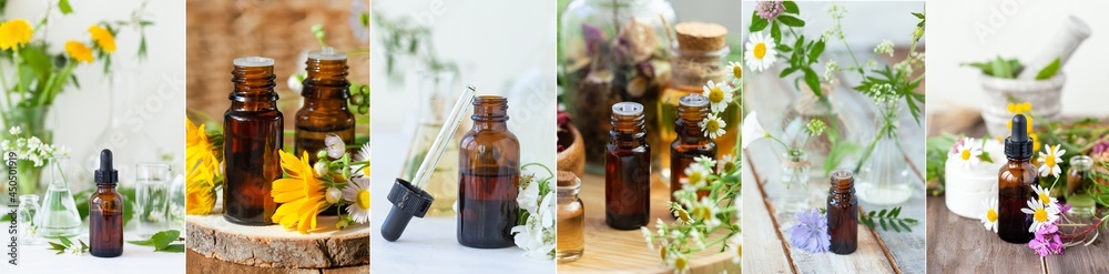 Collage of 6 photo. Concept of herbal, flower extracts in cosmetics. Natural organic ingredients, pure elixir for beautiful healthy skin, essential oil, aromatherapy. Banner