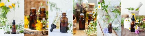 Collage of 6 photo. Concept of herbal, flower extracts in cosmetics. Natural organic ingredients, pure elixir for beautiful healthy skin, essential oil, aromatherapy. Banner
