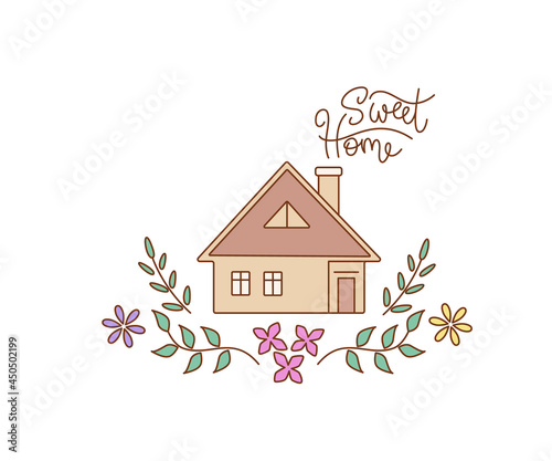 Country house decorated with floral ornaments in outline style with lettering Sweet Home. Vector color isolated illustration.