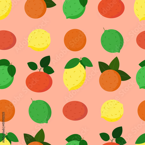Fototapeta Naklejka Na Ścianę i Meble -  Citrus fruits pattern. Lemon, orange, lime and grapefruit with leaves. Vector seamless background illustration