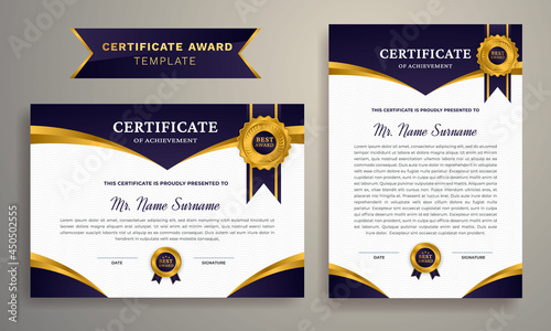 Black and gold certificate of achievement border template. Creative and modern certificate with luxury badge and modern line pattern. Graduation vector template