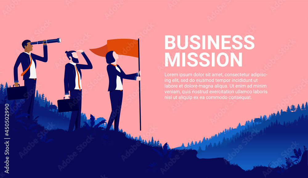 Business mission - Three business people standing on top of hill looking for opportunities and success. Vector illustration with copy space for text. - obrazy, fototapety, plakaty 