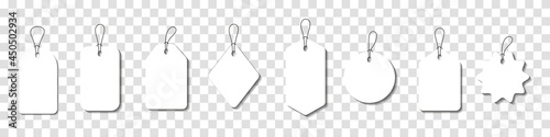 Set blank white paper price tags or gift tags. Paper labels with cord. Set template shopping labels with shadow - stock vector.