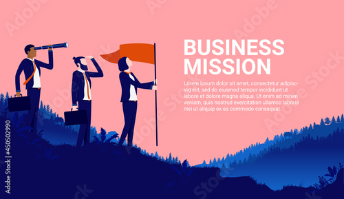 Business mission - Three business people standing on top of hill looking for opportunities and success. Vector illustration with copy space for text.