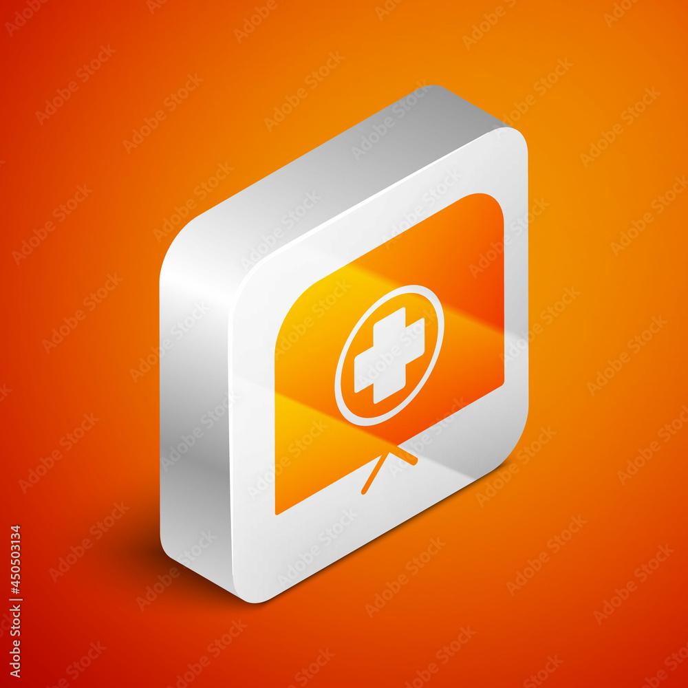 Isometric Nurse hat with cross icon isolated on orange background. Medical nurse cap sign. Silver square button. Vector Illustration